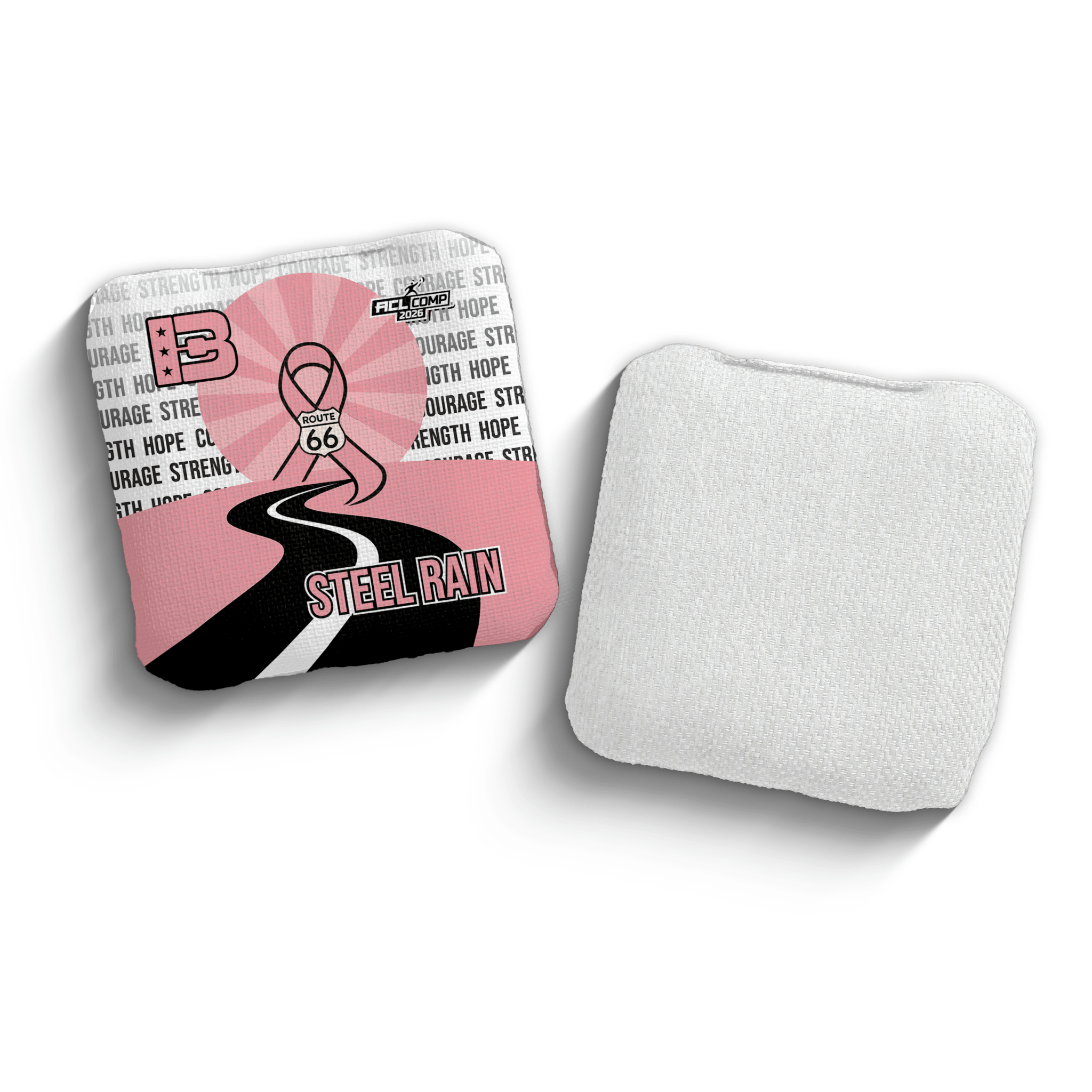 2026 Brotherhood Cornhole Steel Rain Route 66 Breast Cancer Awareness Collaboration ACL Pro Stamped Cornhole Bags - Brotherhood Cornhole