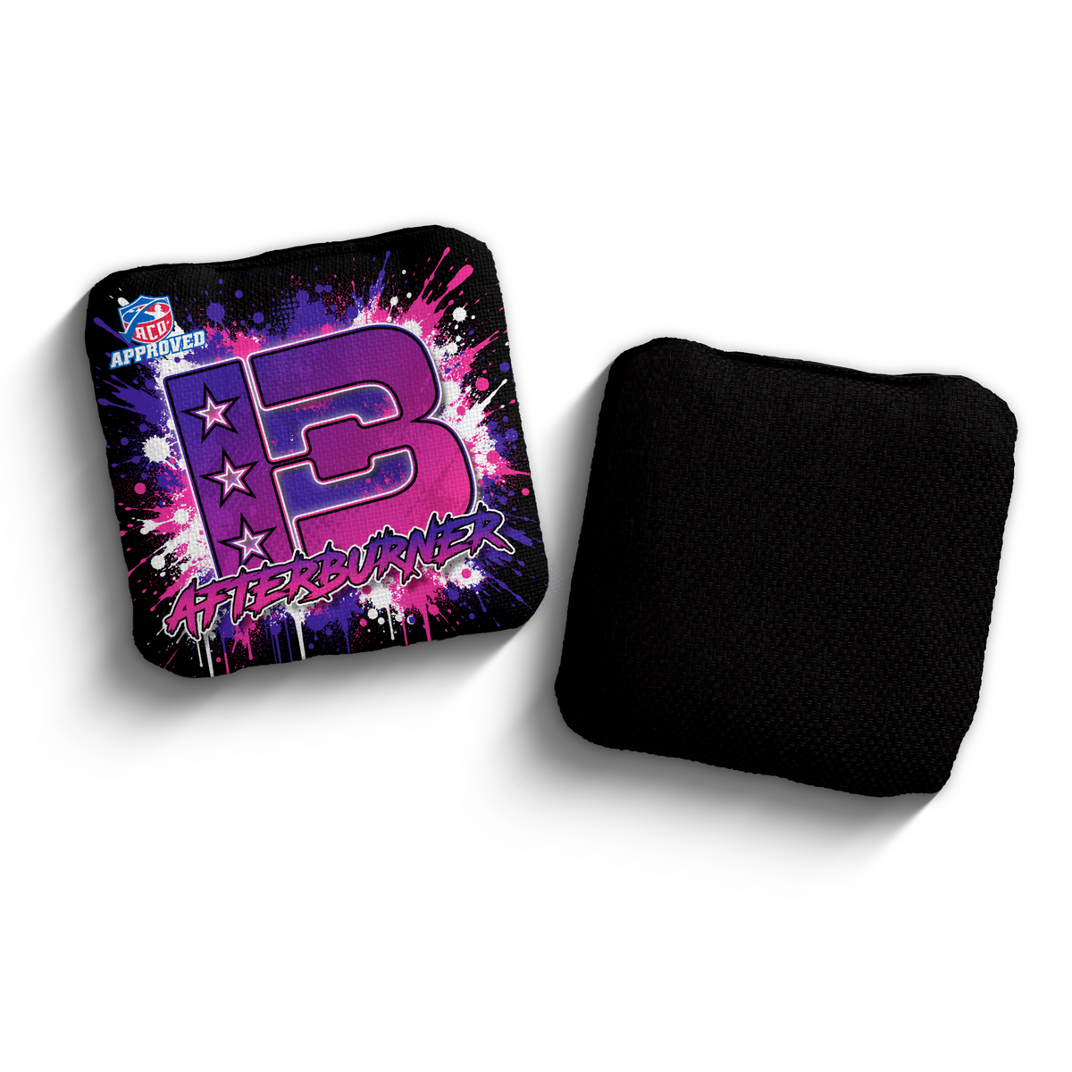 Afterburner Splatter Black Pink ACO stamped cornhole bags