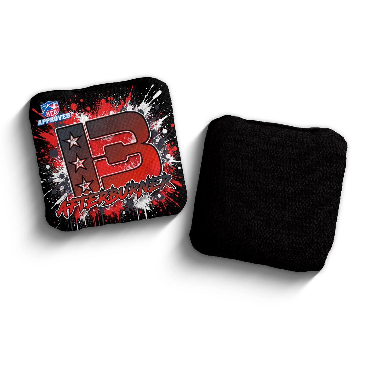Afterburner Splatter Black Red ACO stamped cornhole bags