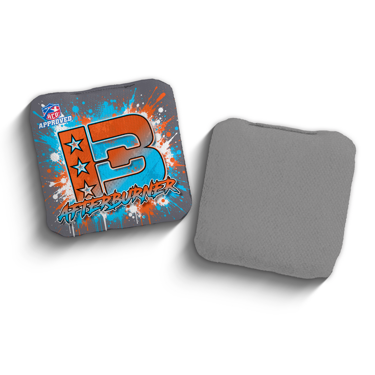 Afterburner Splatter Orange Cyan ACO stamped cornhole bags