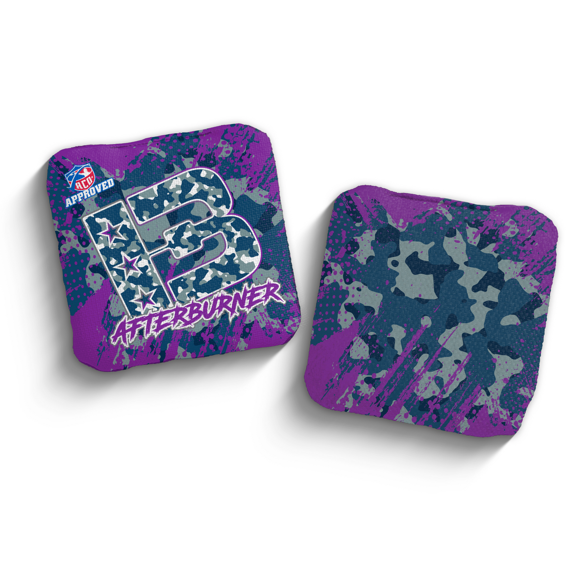 Afterburner Camo Blue ACO stamped cornhole bags