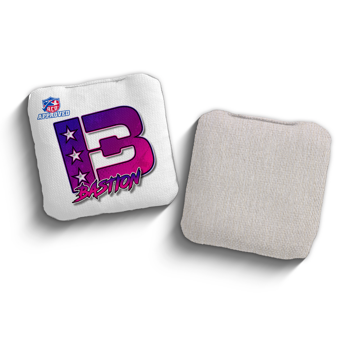 Bastion Broadcast White Pink ACO Stamped cornhole bags