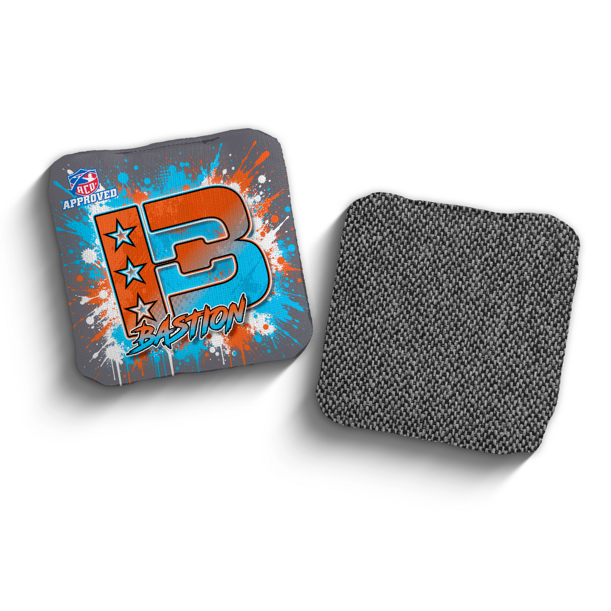 Bastion Splatter Orange Cyan ACO stamped cornhole bags