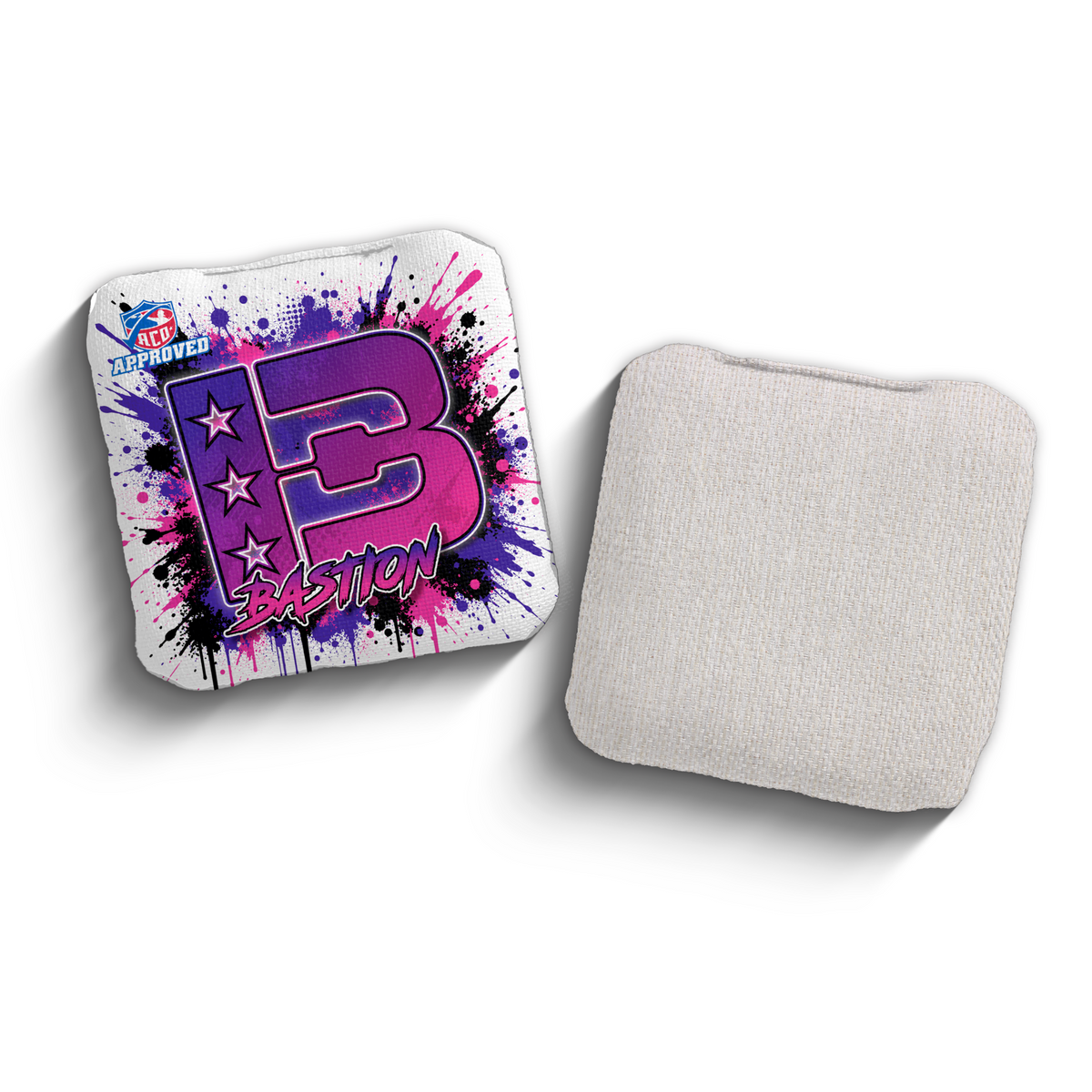 Bastion Splatter White Pink ACO stamped cornhole bags