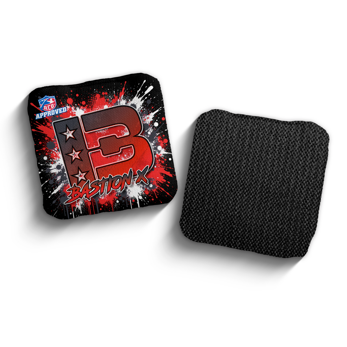 Bastion X Splatter Black Red ACO stamped cornhole bags