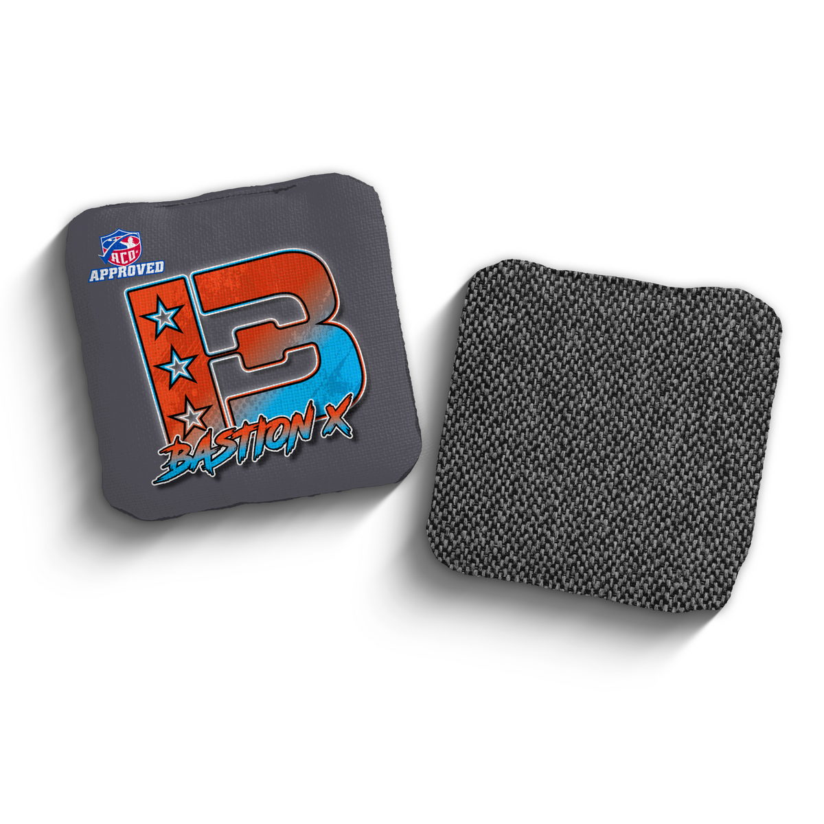 Bastion X Broadcast Orange Cyan ACO Stamped cornhole bags