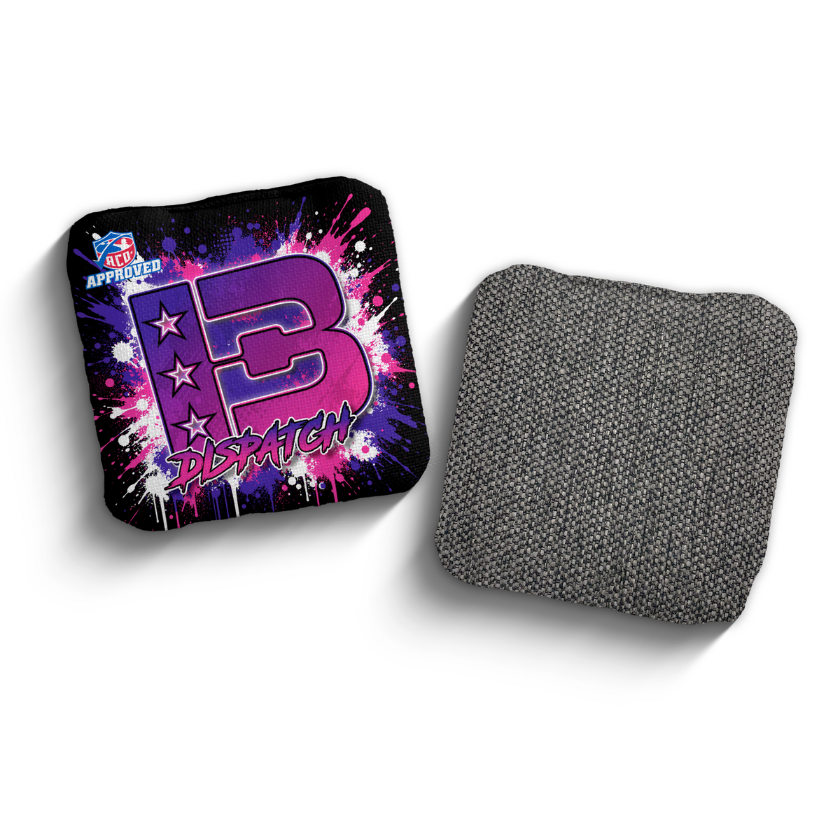 Dispatch Splatter Black Pink ACO stamped cornhole bags