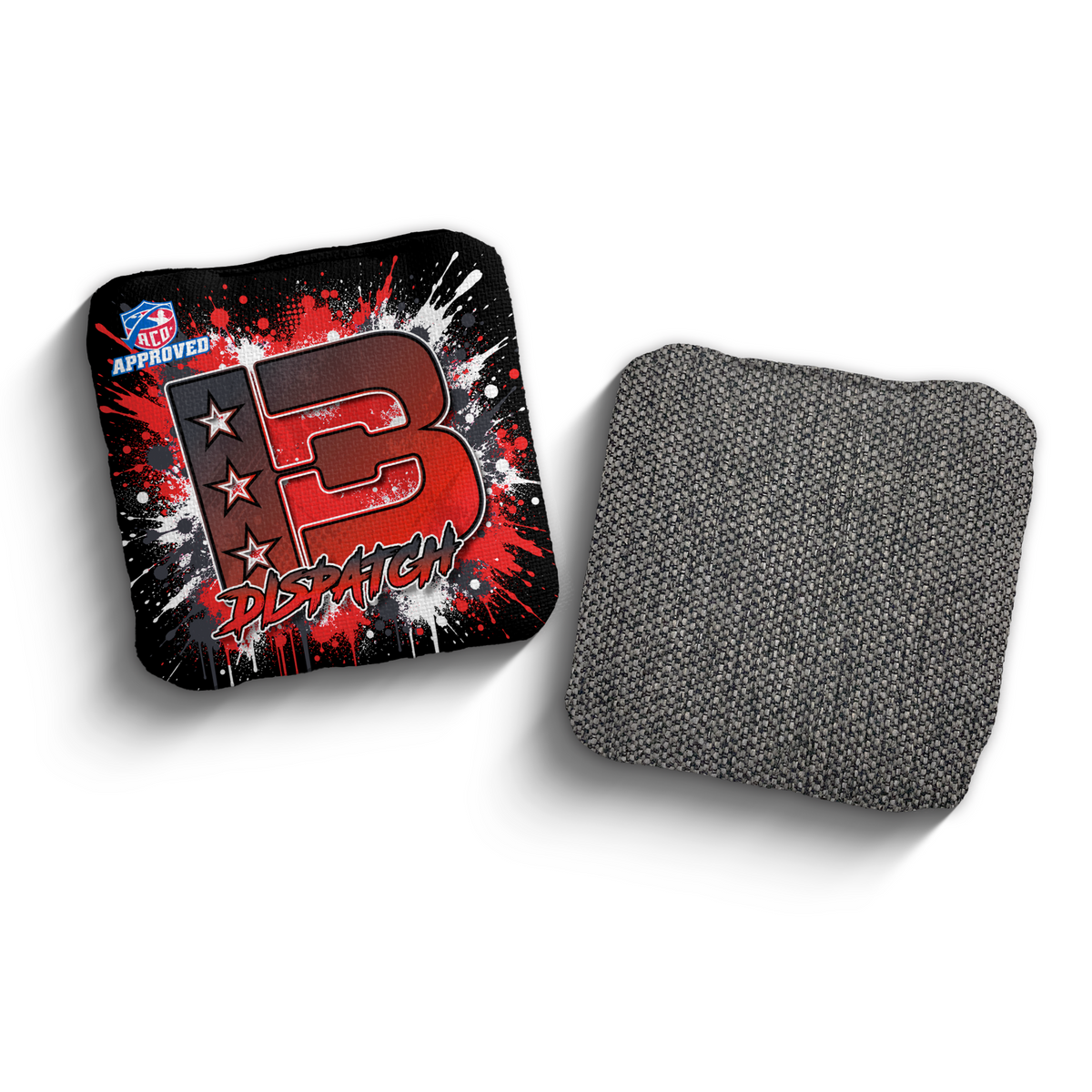 Dispatch Splatter Black Red ACO stamped cornhole bags