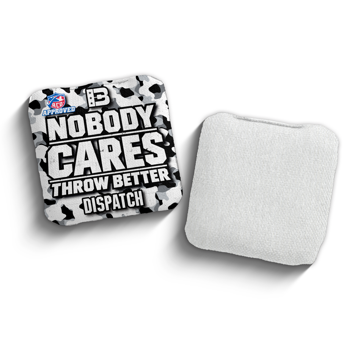 2027 Brotherhood Cornhole Dispatch Nobody Cares Camo Edition ACO Stamped Cornhole Bags - White