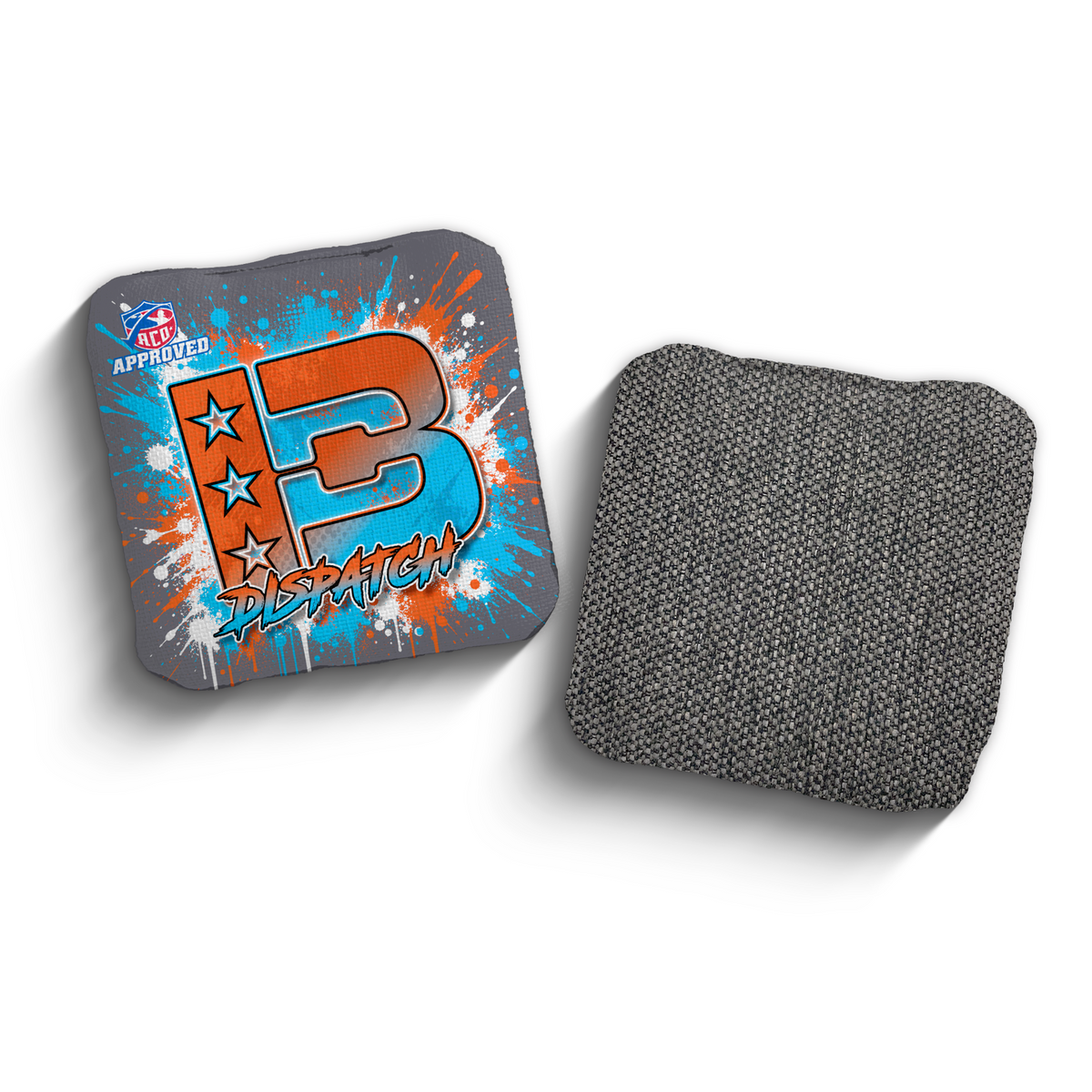 Dispatch Splatter Orange Cyan ACO stamped cornhole bags