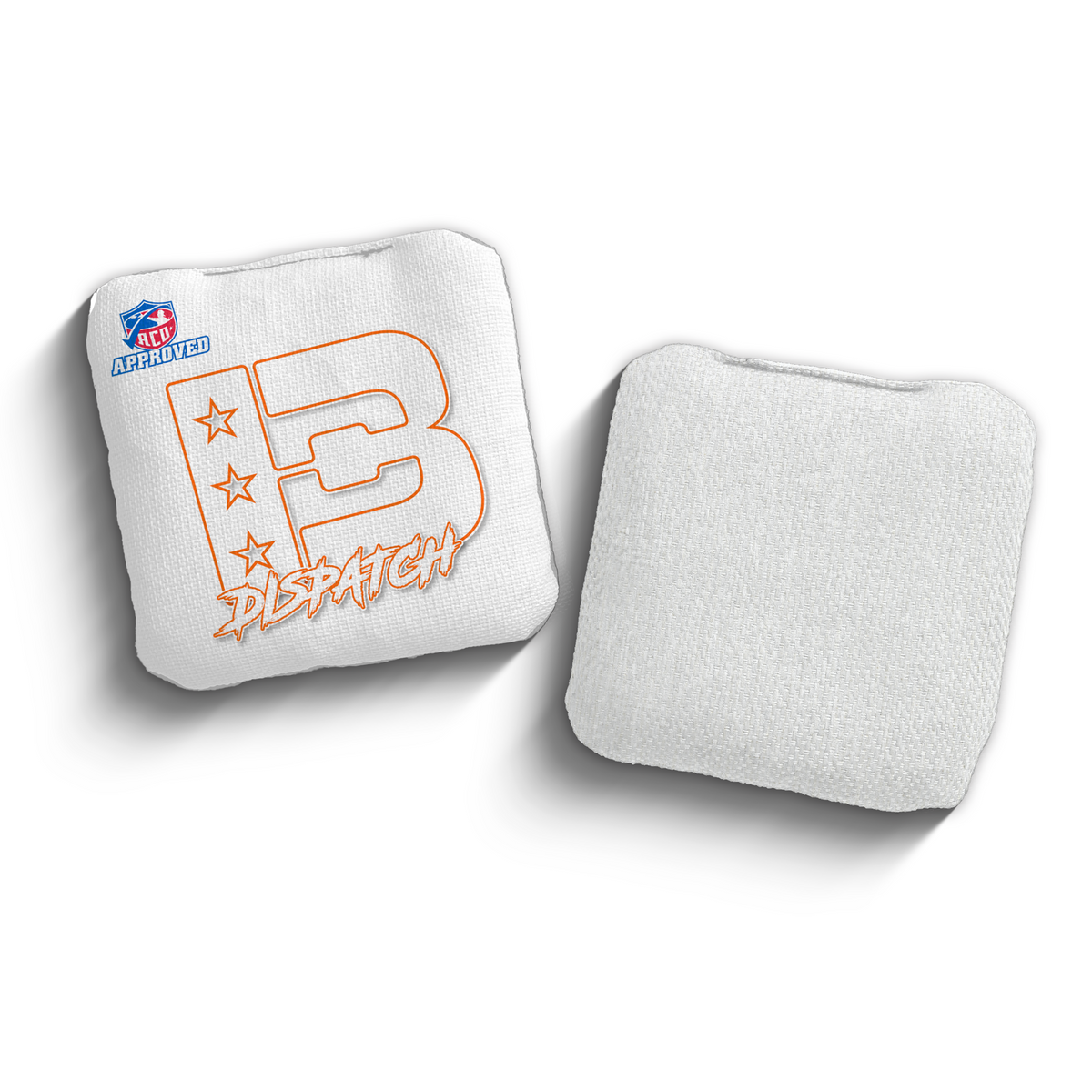 Dispatch White Outline WHI-ORG ACO stamped cornhole bags