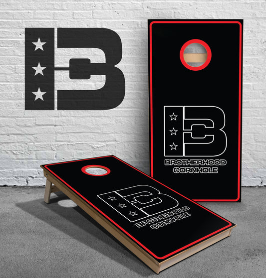 Black with Red Edge Logo Brotherhood Cornhole Logo ACL Approved Cornhole Boards
