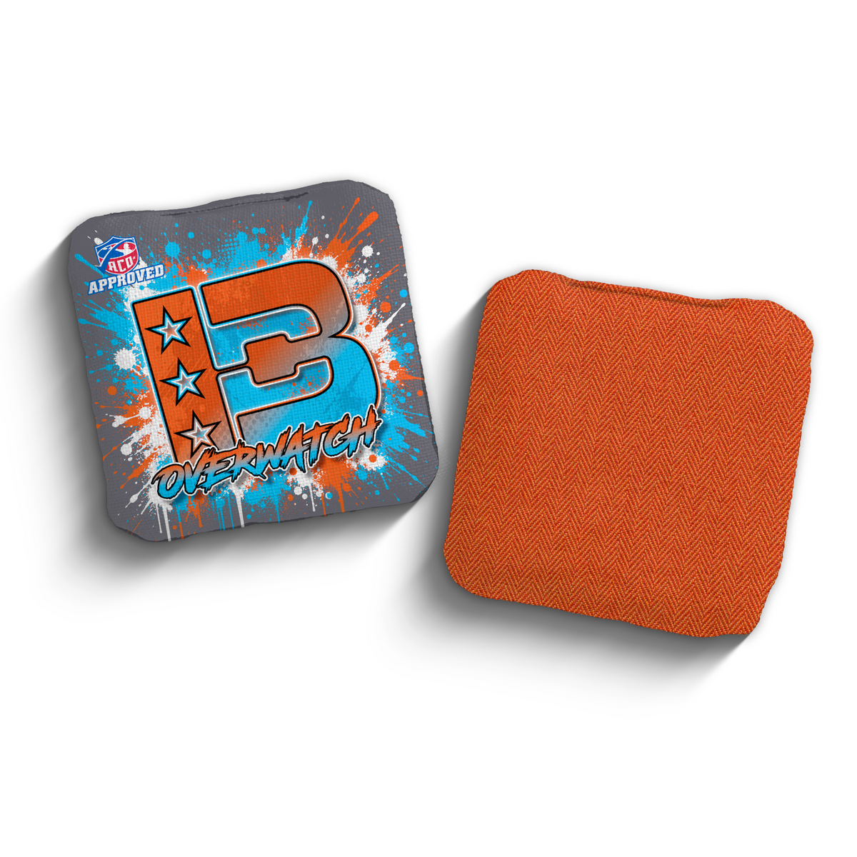 Overwatch Splatter Orange Cyan ACO stamped cornhole bags