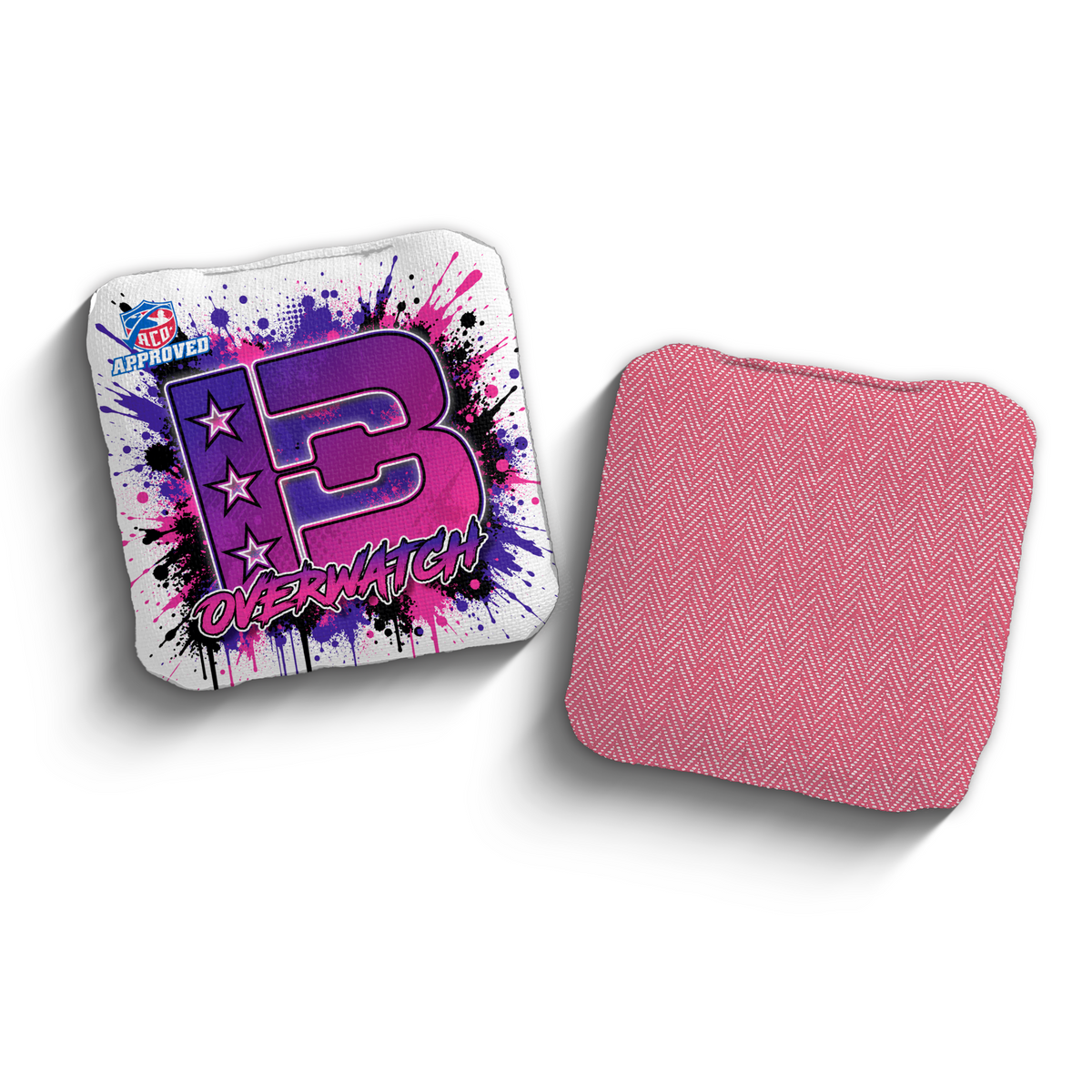 Overwatch Splatter White Pink ACO stamped cornhole bags