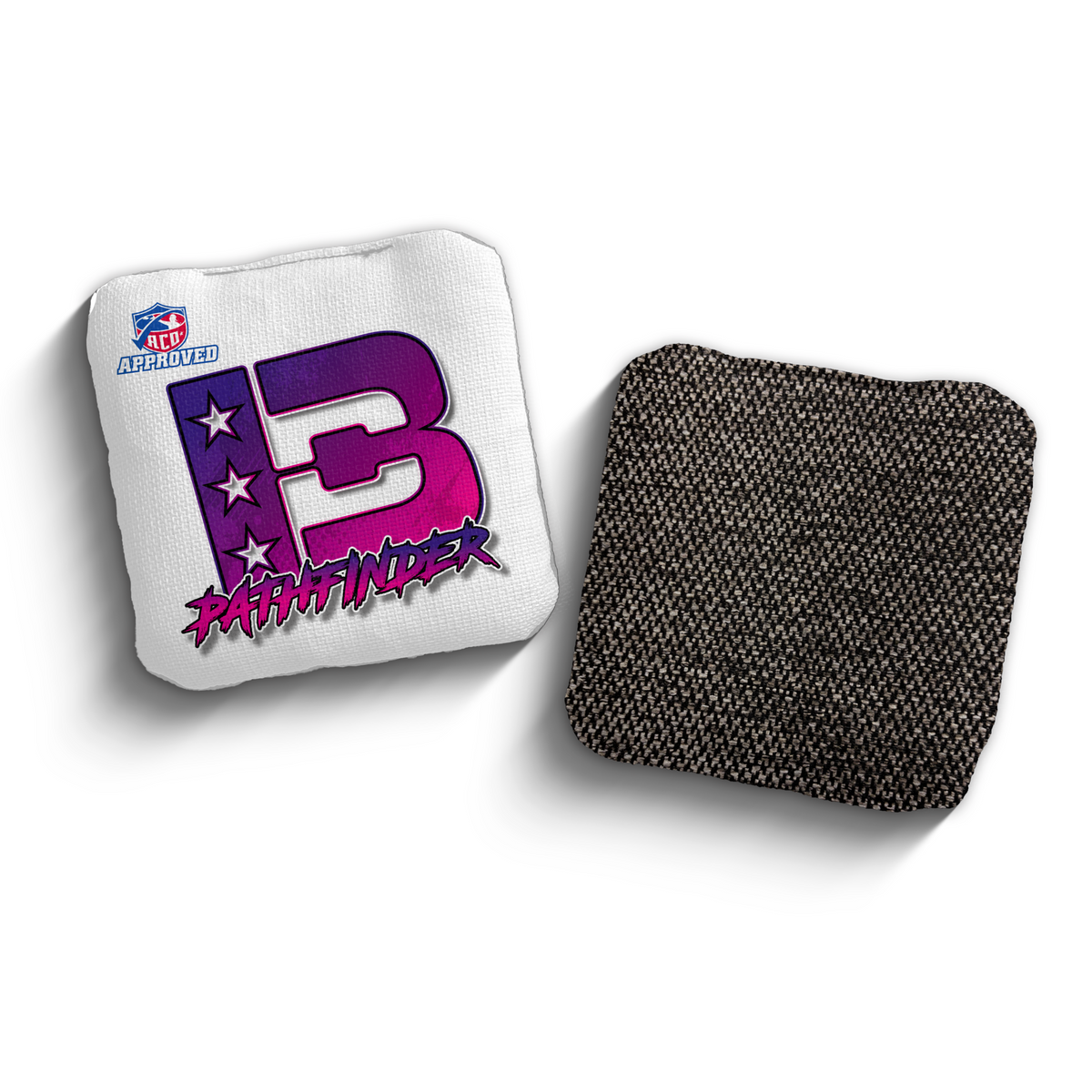 Pathfinder Broadcast White Pink ACO Stamped cornhole bags