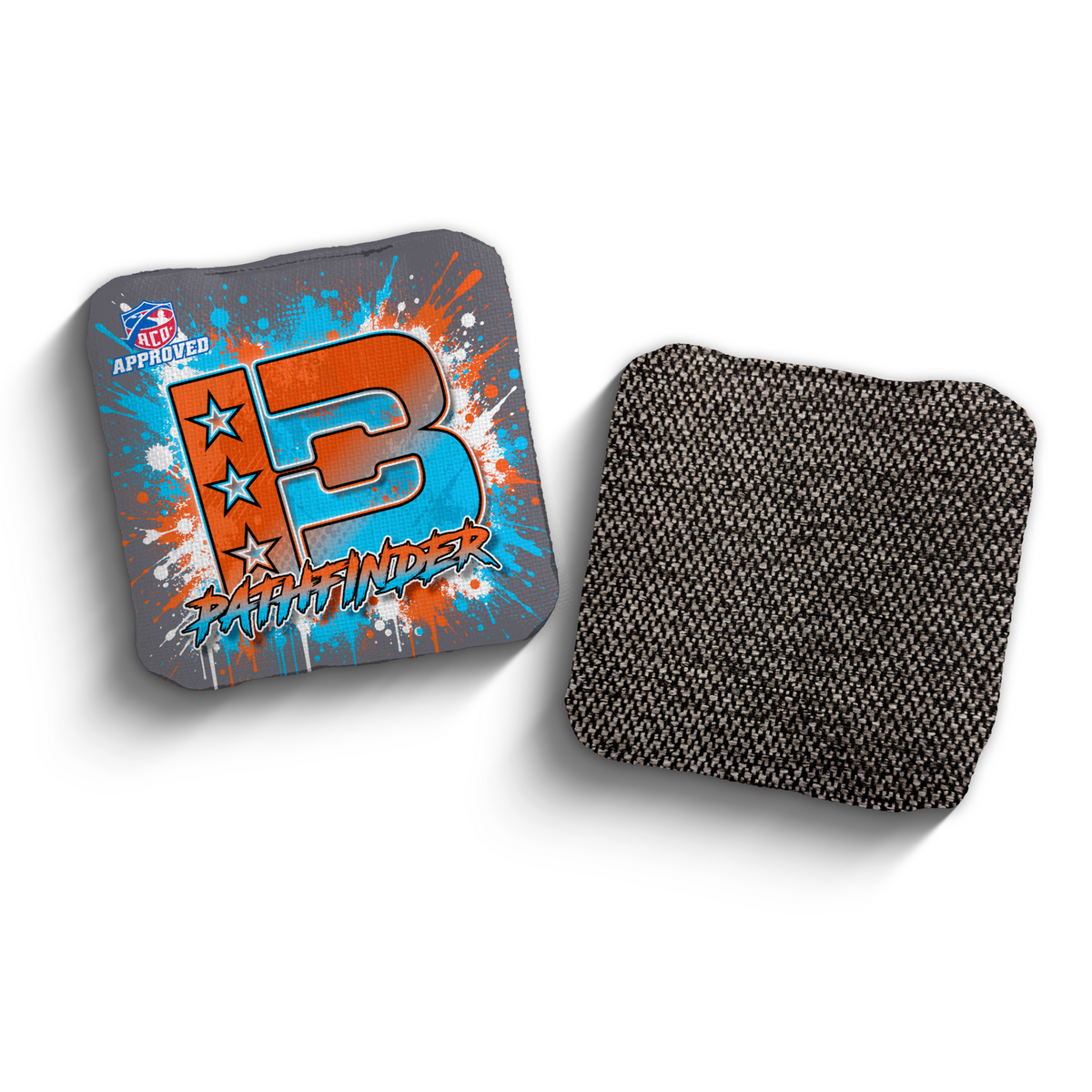 Pathfinder Splatter Orange Cyan ACO stamped cornhole bags