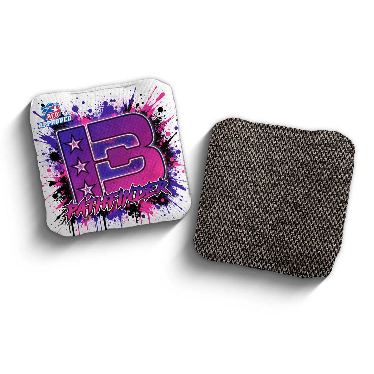 Pathfinder Splatter White Pink ACO stamped cornhole bags
