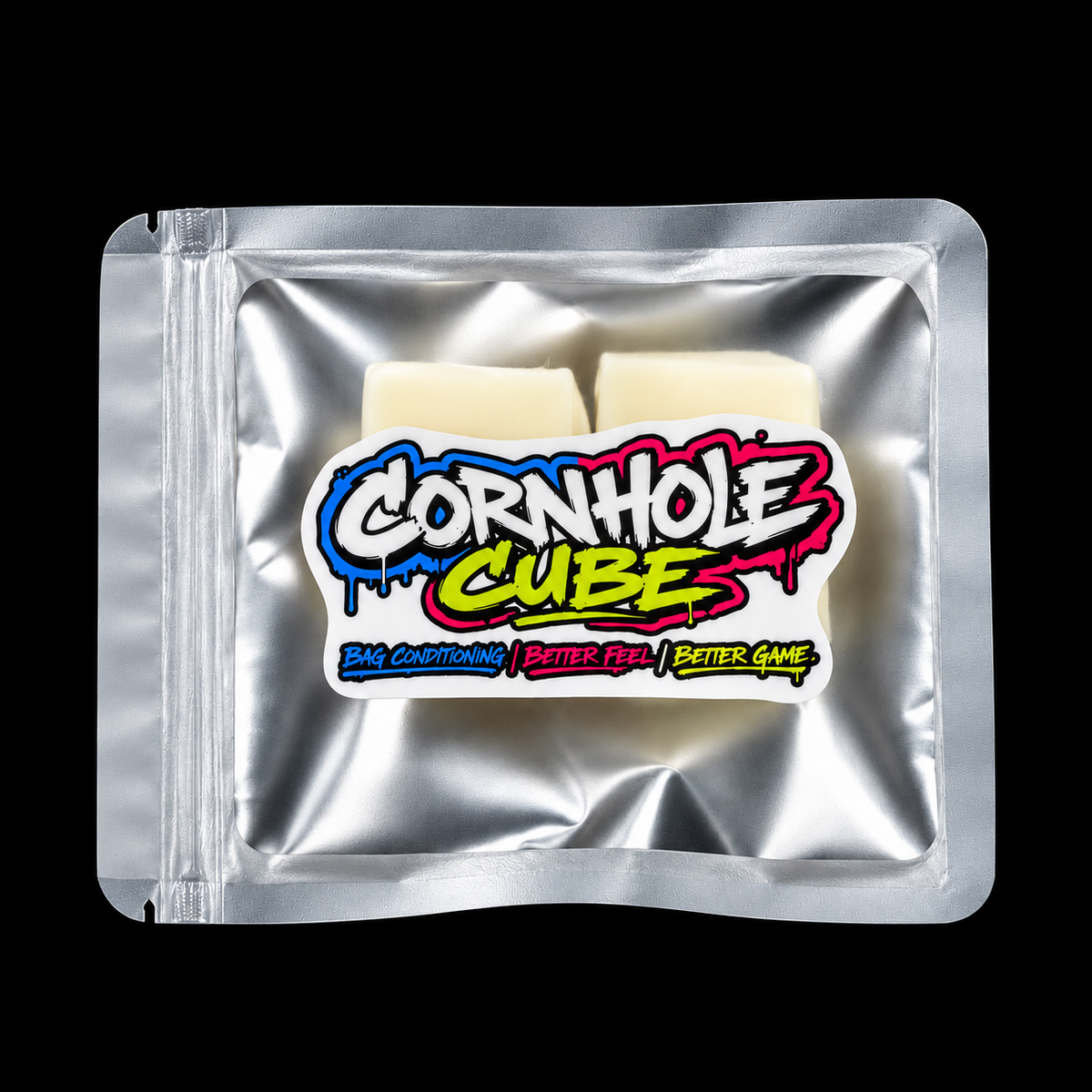 Cornhole Cube conditioning cube in resealable silver pouch